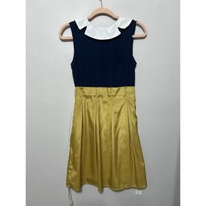 Freeway Women Navy Blue Gold Colorblock Peter Pan Collar Fit & Flare Dress‎ S